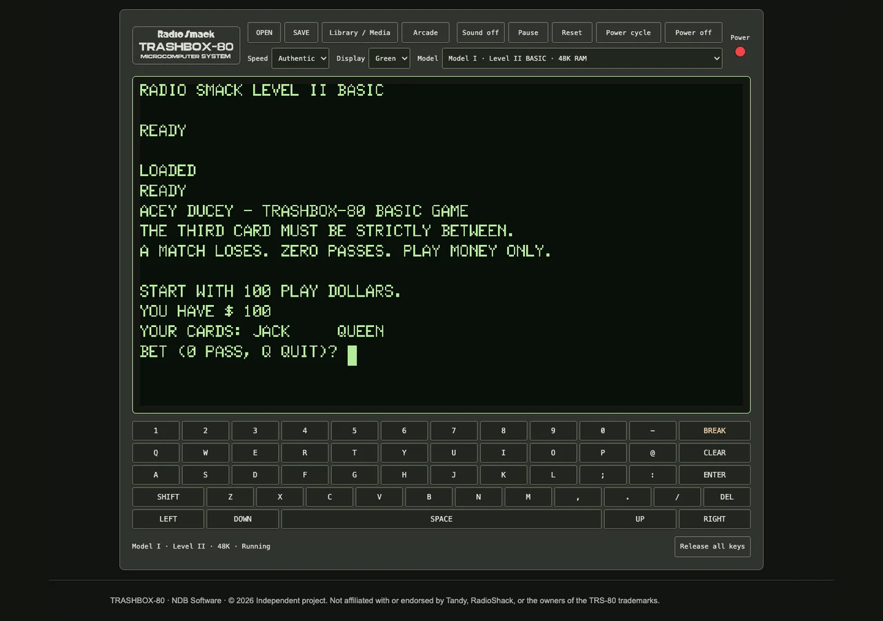 Actual Acey Ducey BASIC game showing two card ranks, play-money bankroll, and wager prompt