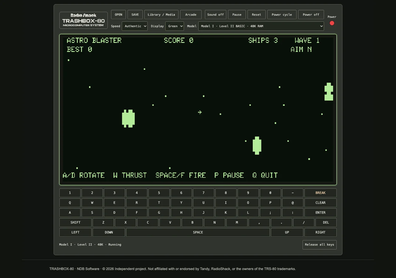 Actual Astro Blaster game with a ship and asteroid semigraphics on the green BASIC screen