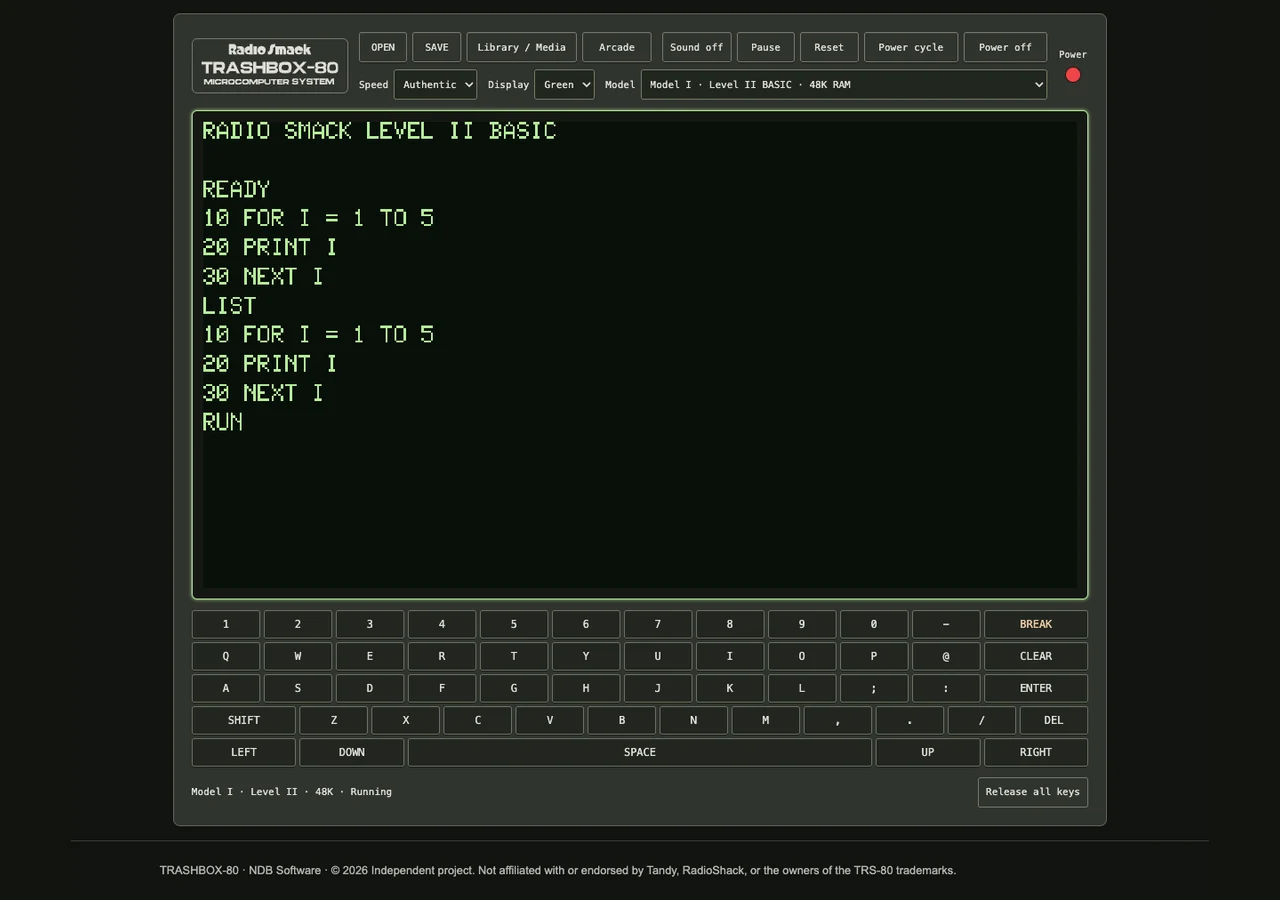 A real TrashBox-80 session listing and running a count example