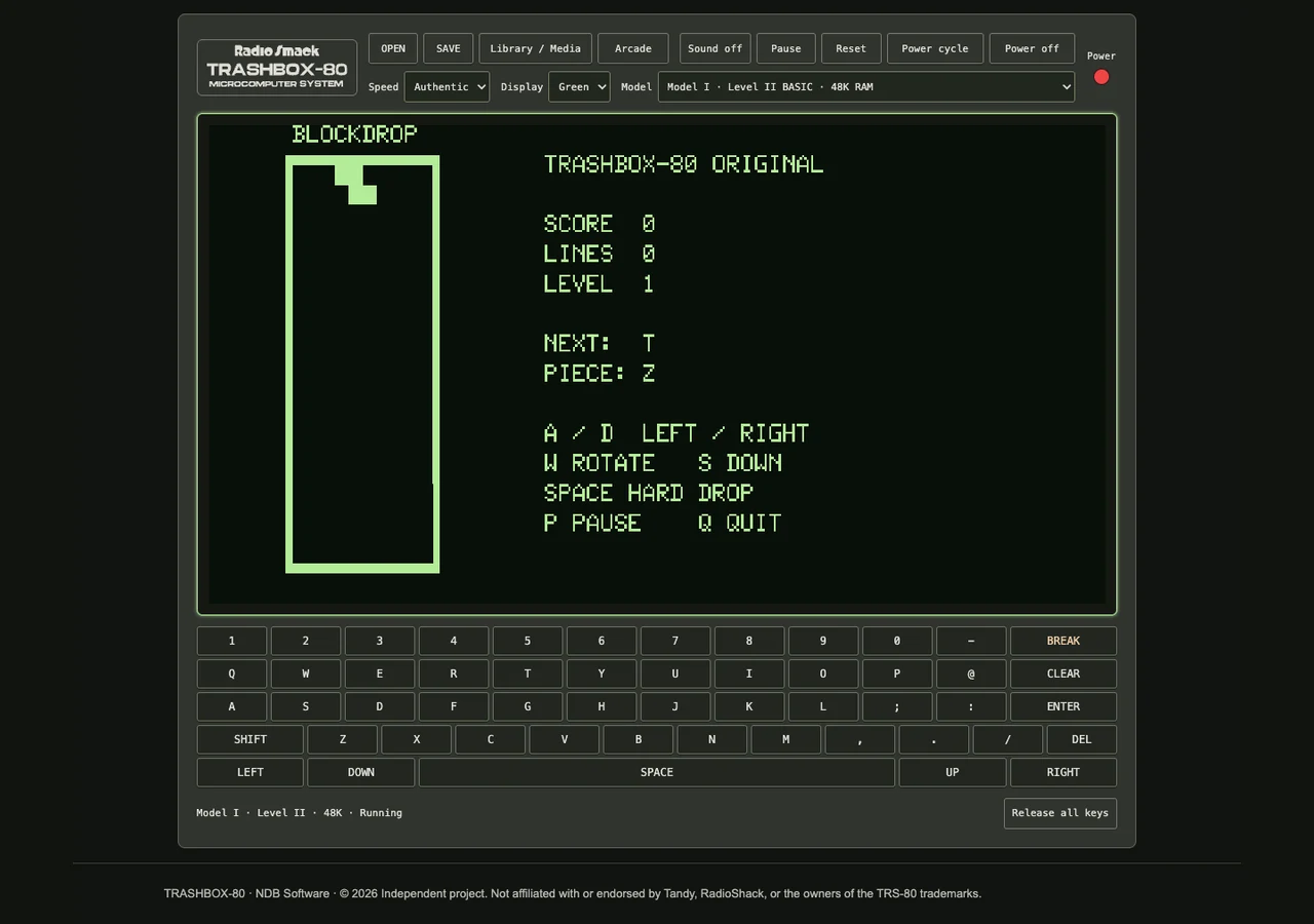 Actual Blockdrop game showing the block well, score, and next piece in green semigraphics