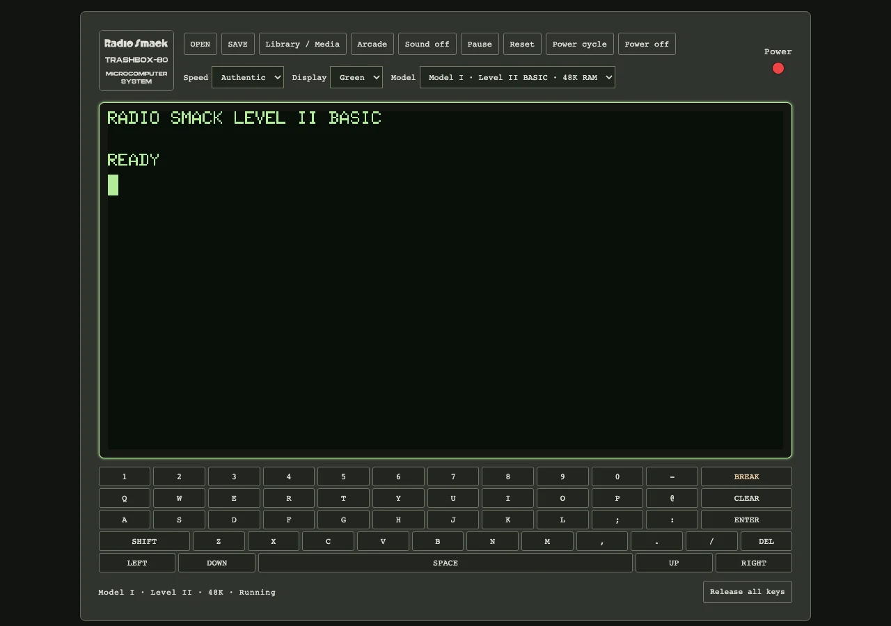 Current TrashBox-80 BASIC startup and full built-in keyboard