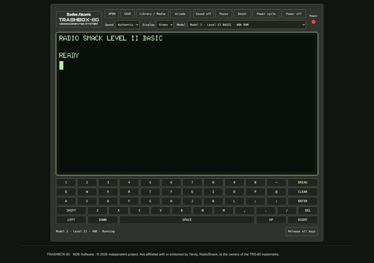 TrashBox-80 application with Radio Smack badge, BASIC startup screen, toolbar, and built-in keyboard