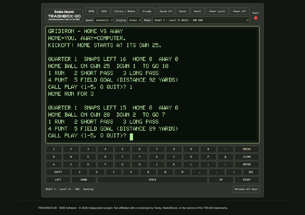 Actual Gridiron BASIC transcript with entered plays followed by results, Home and Away scores, and football yard lines