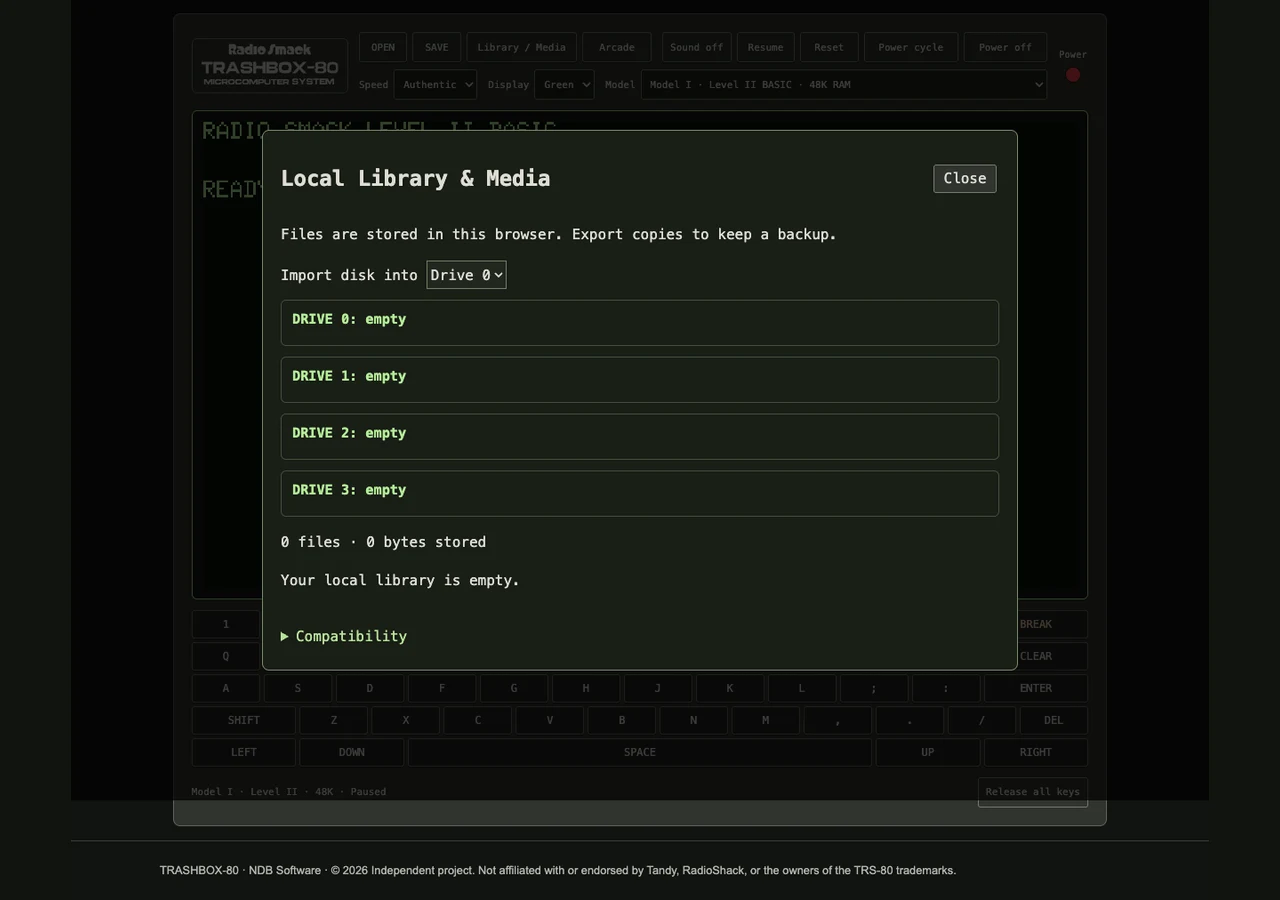 Actual Library and Media dialog containing a saved BASIC program and its file actions