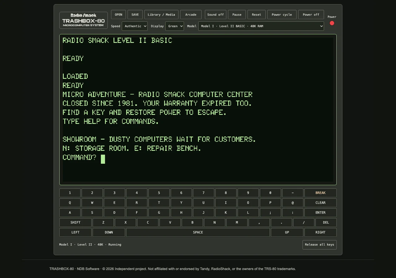 Actual Micro Adventure running as BASIC inside TRASHBOX-80