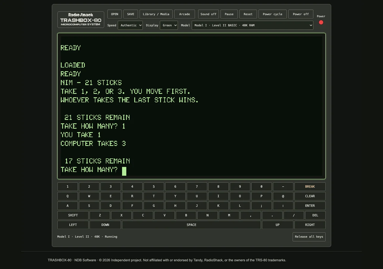 Actual Nim running as BASIC inside TRASHBOX-80