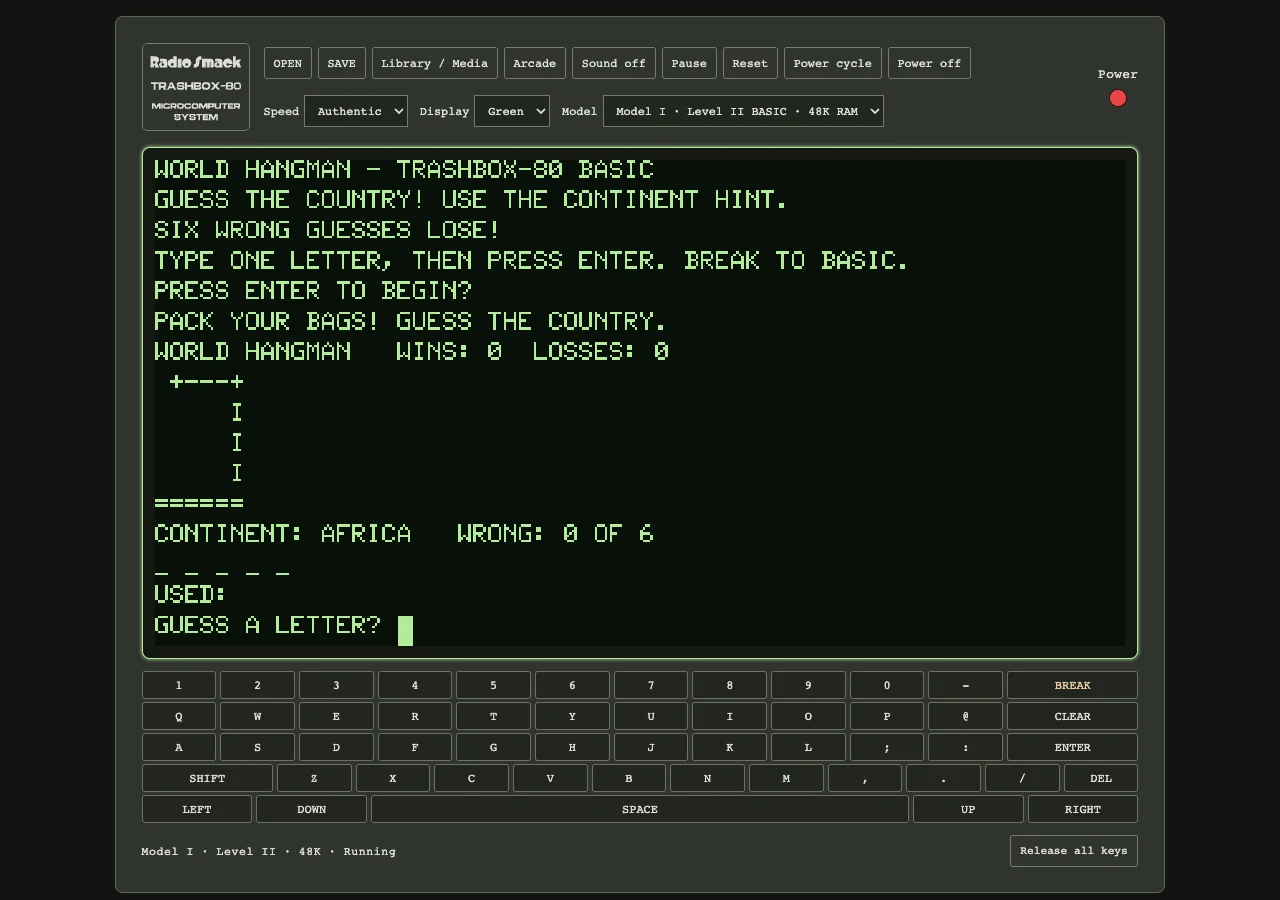 Actual World Hangman screen showing a country puzzle, continent hint, and letter entry