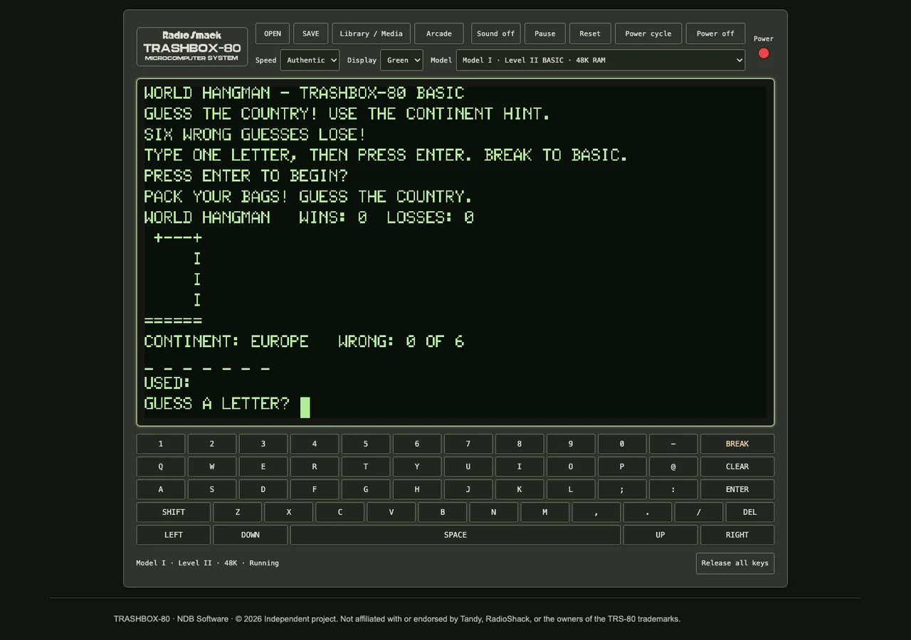 Actual World Hangman screen showing a country puzzle, continent hint, and letter entry